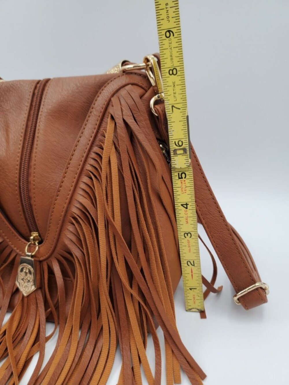 Brown Faux Leather Fringe Gold Bead Handle w/strap Boho Funky! - Picture 5 of 6